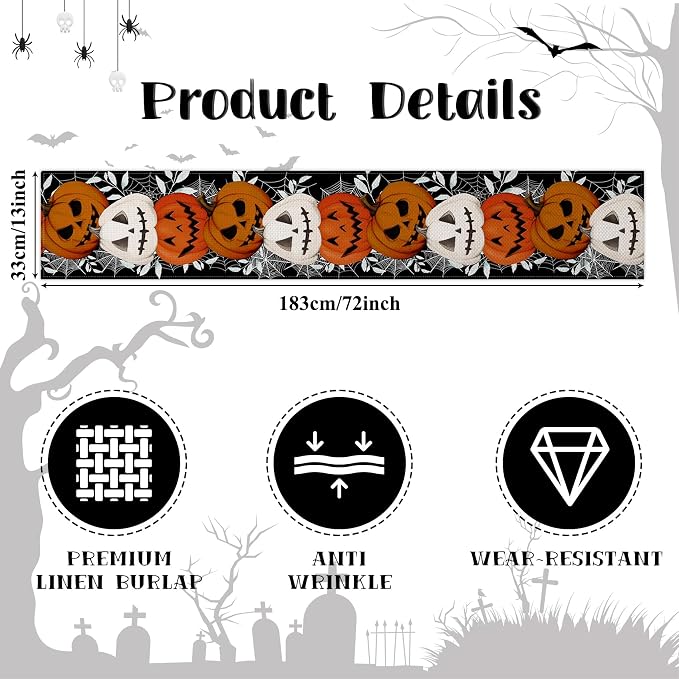 Happy Halloween Table Runner Pumpkin Black Spider Web Fall Kitchen Dining Table - Image 6
