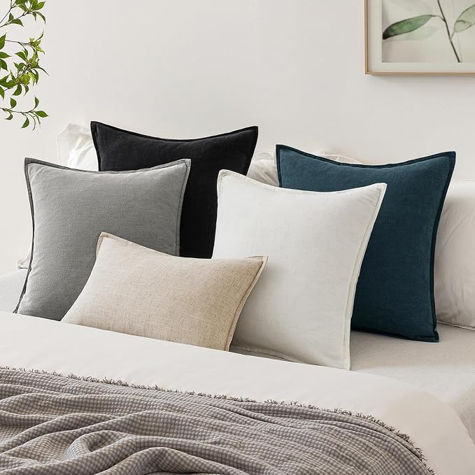 EMEMA Decorative Linen Throw Pillow Covers 18x18 Inch Light Grey Boho Farmhouse - Image 6