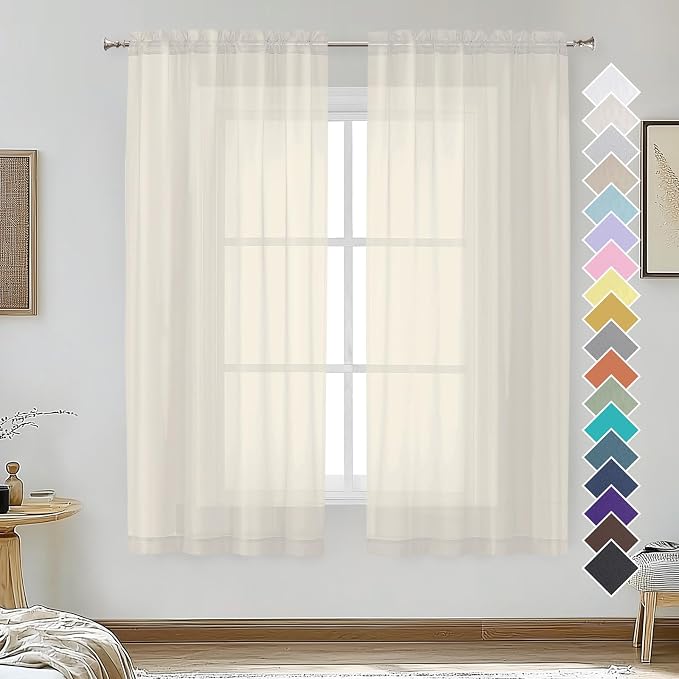 OVZME Cream Sheer Curtains 54 Inches Long 2 Panels by OVZME