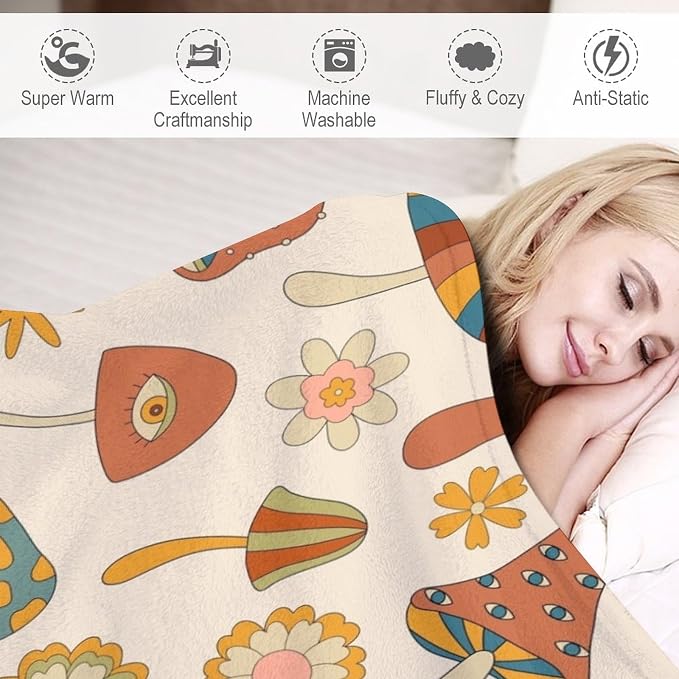 70s Mushroom Throw Blanket, Retro 60s Groovy Mushroom Boho Hippie Flowers Print - Image 4