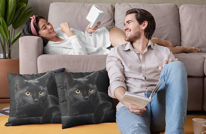 Black Cat Throw Pillow Covers Decorative Linen Pillow Cases Set of 2 Square - Image 2