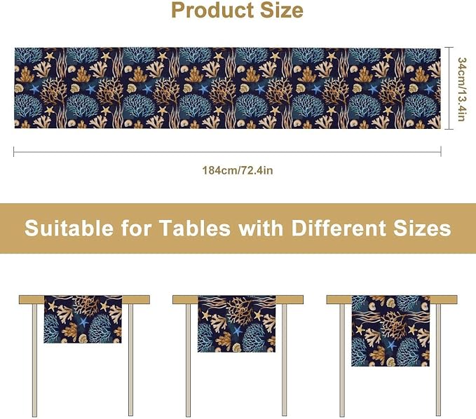 Ocean Coastal Table Runner, Coral Shell Starfish Seaside Nautical Beach Navy - Image 3