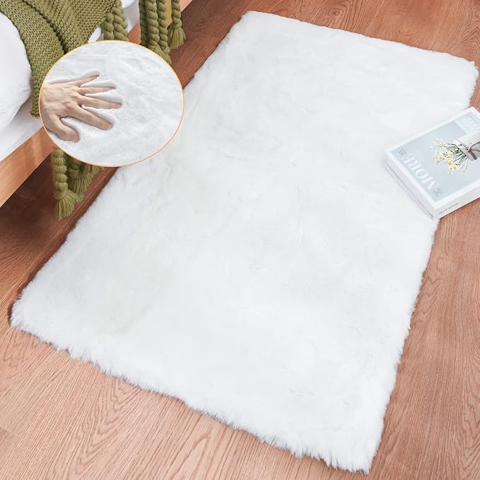 White Faux Bunny Fluffy Fur Rug Washable Area Rugs by ORINOVA