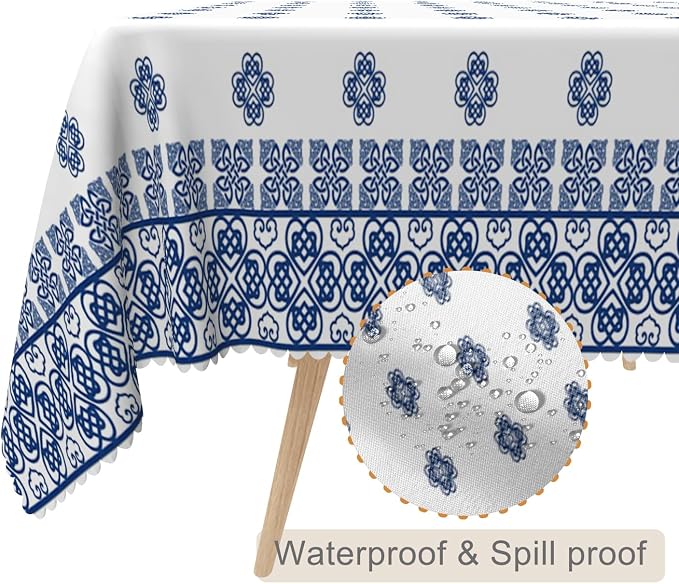 70x140inches Blue Medallion Print Tablecloth Mykonos Blue Mediterranean Tile - Image 2