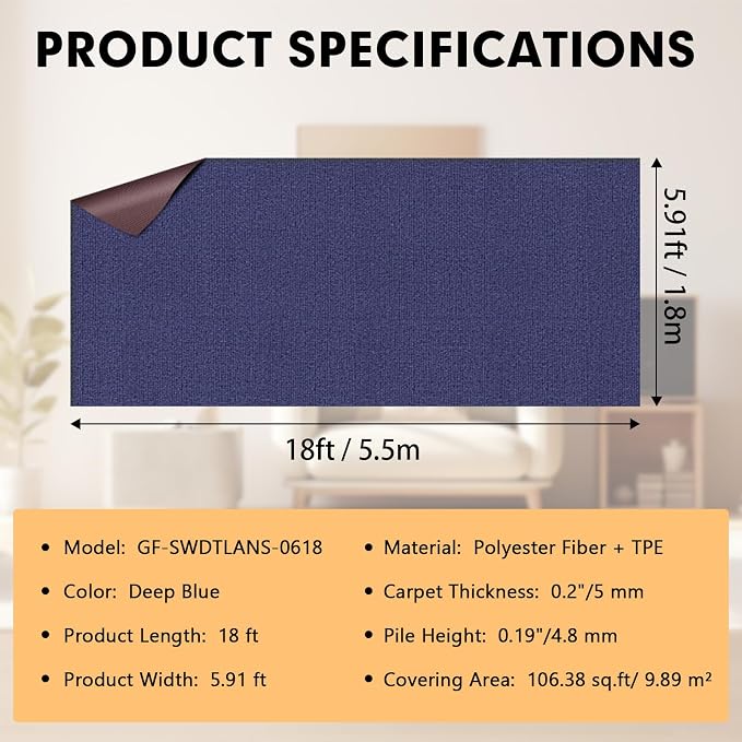 Marine Carpet, 6 FT x 18 FT Deep Blue Indoor Outdoor Carpet 0.2" Thick Boat - Image 2