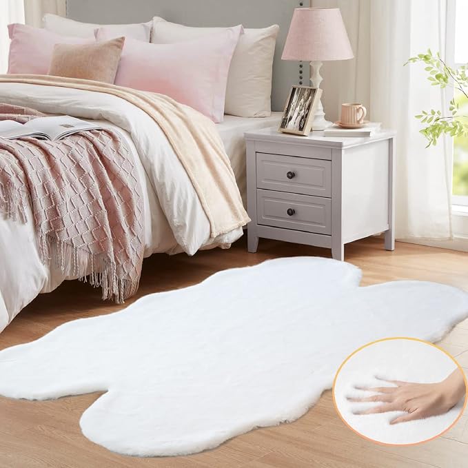 White Faux Rabbit Shaggy Fur Rug 4x6 Area Rugs - Image 3