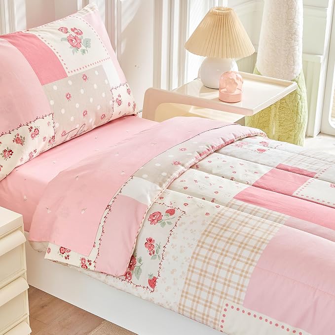Joyreap 4 Piece Cotton Toddler Bedding Set- Pink Flower Plaids Patchwork Design - Image 5