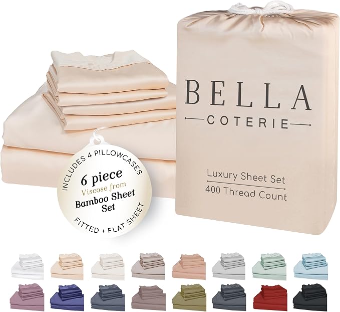 Bella Coterie 6 Piece Luxury Bamboo Viscose Split Top King Size Sheet Set | 34" by BC