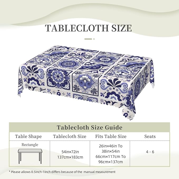 Talavera Mexican Tiles Tablecloth Navy Blue Flowers Leaves Hearts and Swirls - Image 3