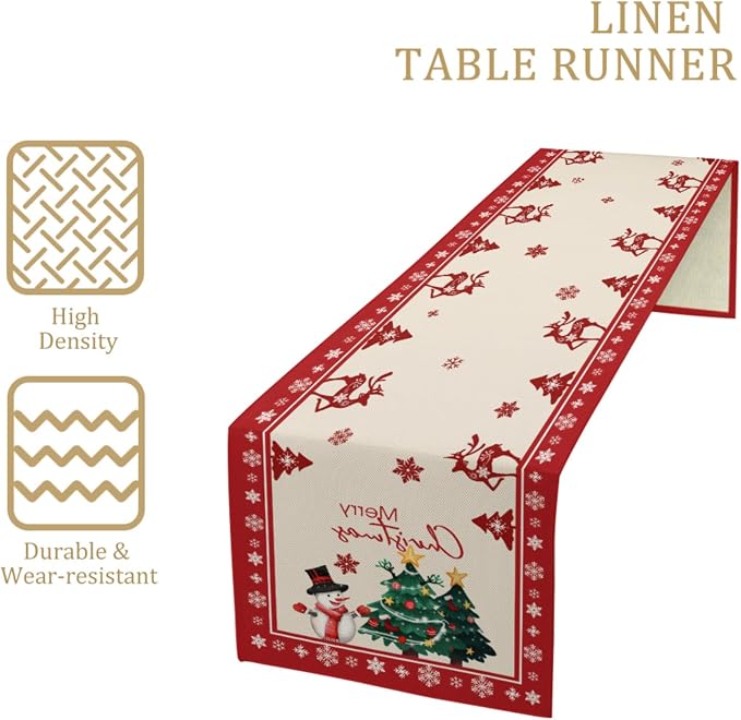 Merry Christmas Table Runner, Snowman Deer Snow Linen Table Runners, Snowflake - Image 4