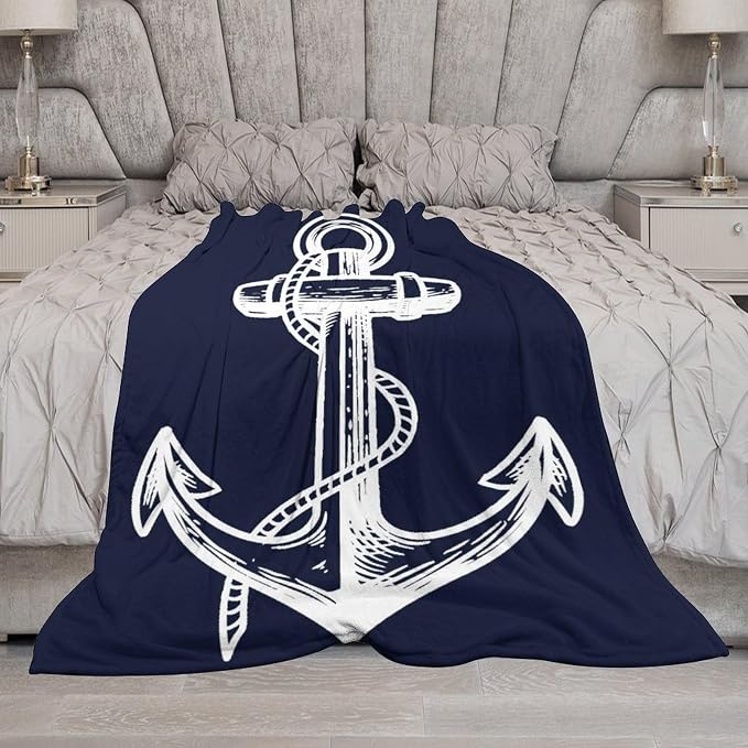 Anchor Blanket Retro Abstract Nautical Navy Blue White Soft Cozy Lightweight - Image 5