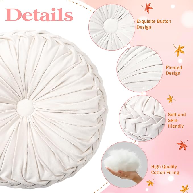 2 Pcs Round Throw Pillows 15 Inch Decorative Velvet Pleated Pumpkin Floor Boho - Image 3
