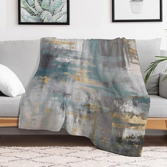 Fashion Gradient Blanket, Modern Art Baroque Gold Grey Green Painting Strokes - Image 6