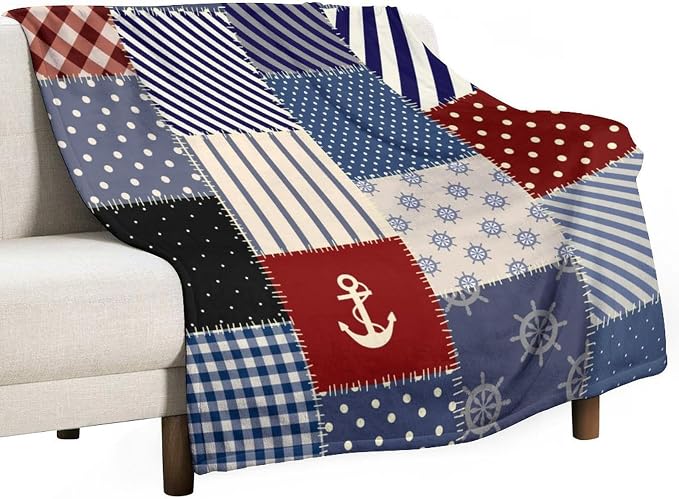 Nautical Blanket Vintage Coastal Rustic Red Blue White Polka Dot Stripe Anchor by JADERYS