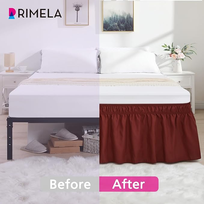 RIMELA Wine Red Bed Skirt Queen Size 15 Inch Drop, Elastic Bed Skirting - Image 2