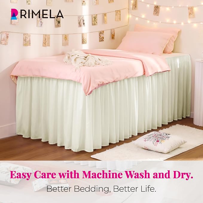 RIMELA Dorm Bed Skirt Twin XL 32 Inch Drop, Cream Bedskirt Solid Silky Fabric - Image 2