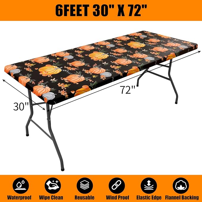 Smiry Plastic Thanksgiving Tablecloth, Pumpkin Waterproof Elastic Fitted Table - Image 8