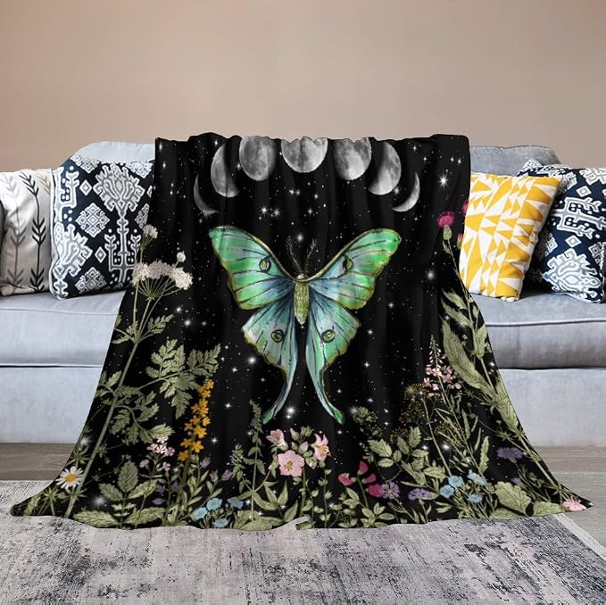 Moth Floral Flannel Blanket, Gothic Witchy Moon Phase Botanical Vintage - Image 6