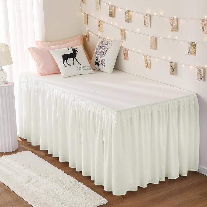 RIMELA Dorm Bed Skirt Twin XL 32 Inch Drop, Cream Bedskirt Solid Silky Fabric by RIMELABedSkirt