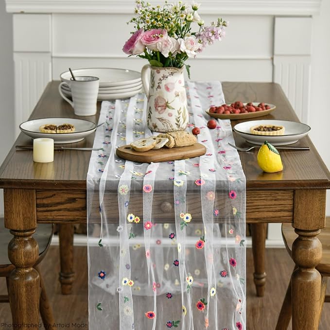 Artoid Mode Embroidery Daisy Gauze Table Runner 120 Inch 10FT, Seasonal Sheer - Image 3