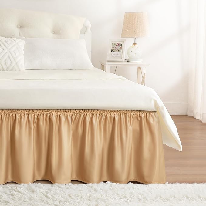 RIMELA Bed Skirt Queen Size Champagne Gold 15 Inch Drop, Wrap Around Elastic by RIMELABedSkirt