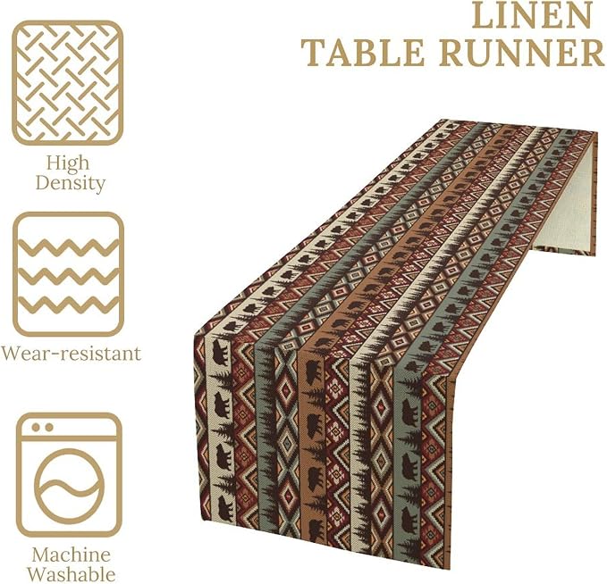 Rustic Bear Table Runner, Cabin Wild Animal Deer Moose Pine Tree Aztec Native - Image 6