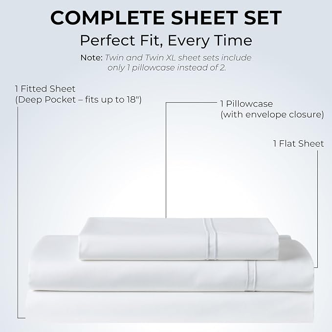 100% Natural Cotton Bed Sheets | 500 TC Single-Ply Sateen Weave Twin XL Sheets - Image 3