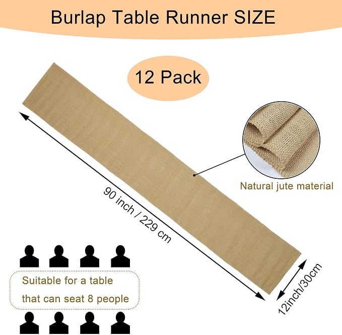 12 Pack 12 x 90 Inch Natural Burlap Table Runners, Rustic Jute Table Runner and - Image 2