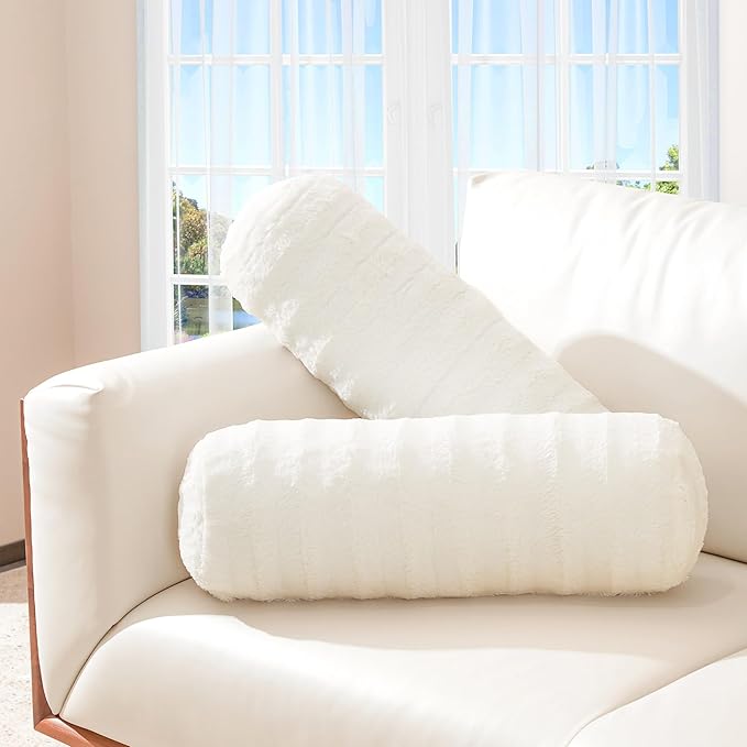 Cheer Collection Faux Fur Bolster Pillows – Soft Decorative Cylinder Pillows by CheerCollection
