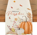 Artoid Mode Hello Pumpkin Leaves Fall Table Runner, Seasonal Autumn Kitchen by ArtoidMode
