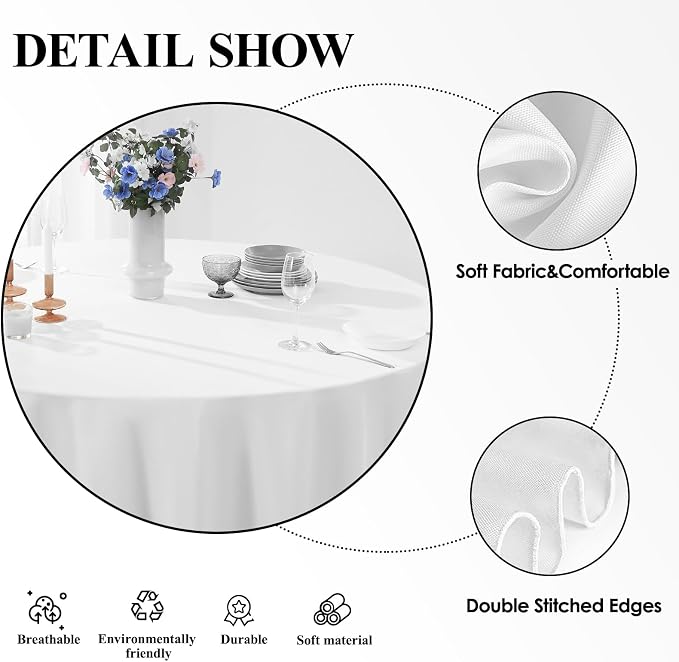 Round Tablecloth 132 Inch 2 Pack White Tablecloths Washable Decorative Linen - Image 5