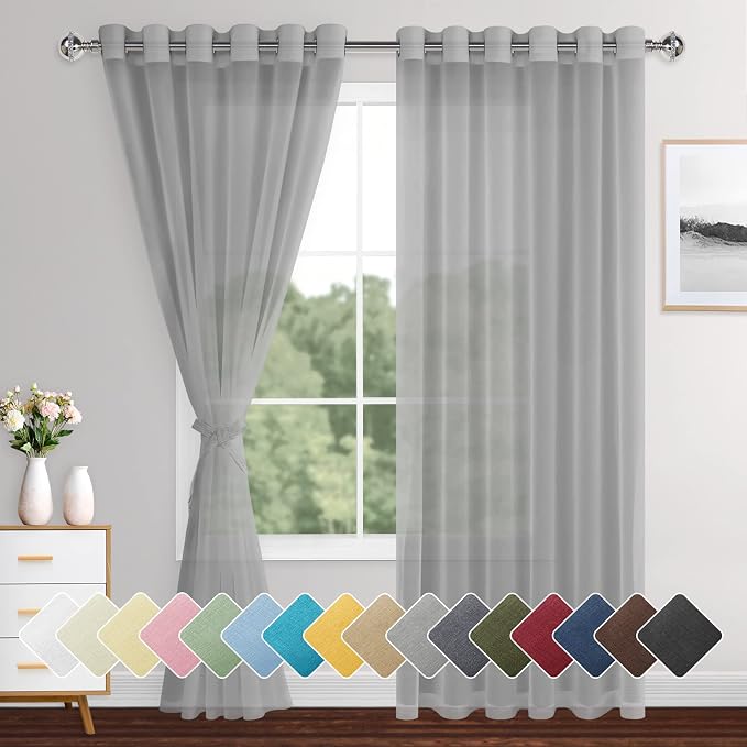 XWZO Grey Sheer Curtains for Bedroom, Light Filtering Voile Textured Drapes by XWZO