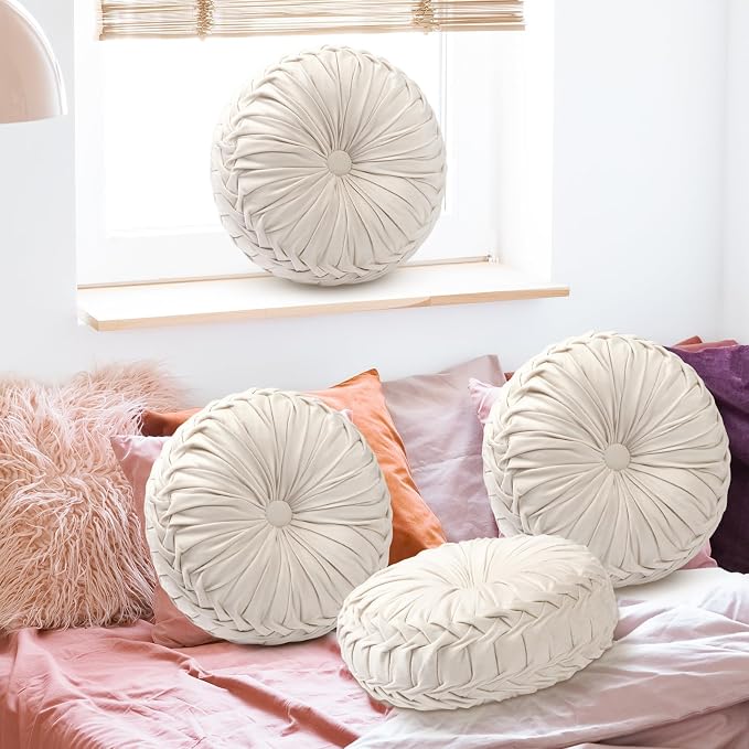 2 Pcs Round Throw Pillows 15 Inch Decorative Velvet Pleated Pumpkin Floor Boho - Image 7