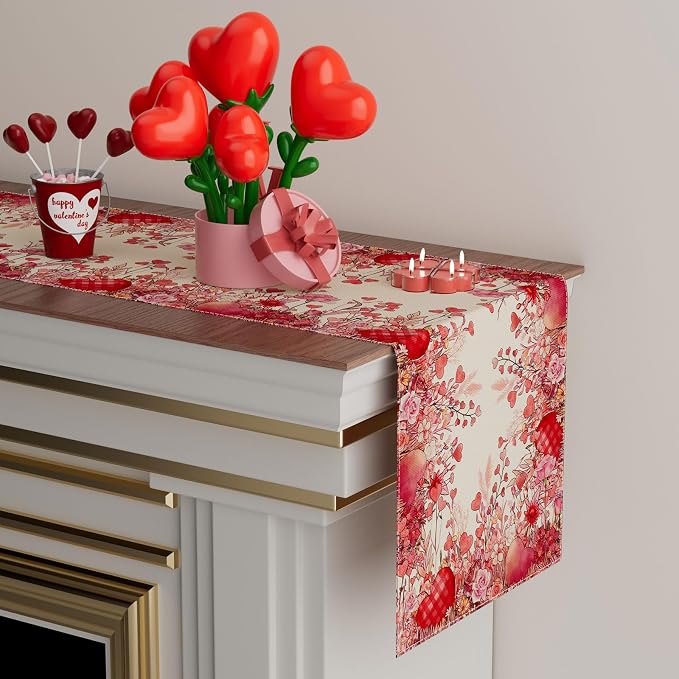 XCHI Wild Flowers Love Hearts Valentine’s Day Table Runner Table Decoration - Image 3