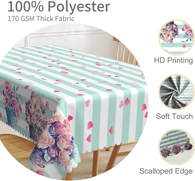 54x70inches Mint and White Stripes Tablecloth Pink Flowers Hearts Printed Table - Image 3