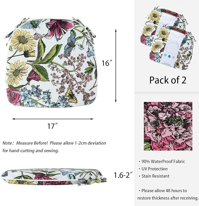 Outdoor Chair Cushions Set of 2, Patio Seat Cushion 17"x16"x2", U-Shaped Dining - Image 2