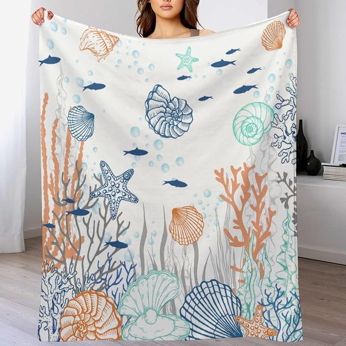 Nautical Coastal Blanket, Starfish Seashell Coral Beach Themed Drapes Ocean - Image 8
