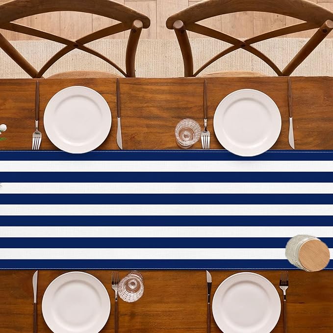 Navy Blue and White Striped Table Runner Nautical Theme Birthday Party - Image 4