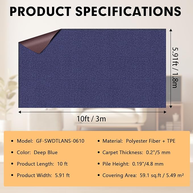 Marine Carpet, 6 FT x 10 FT Deep Blue Indoor Outdoor Carpet 0.2" Thick Boat - Image 2