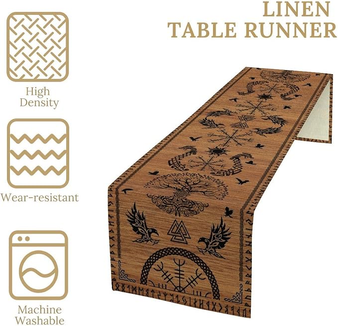 Viking Table Runners, Viking Tree of Life Raven Helmet of Awe Wood Print Table - Image 6