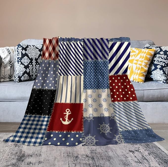 Nautical Blanket Vintage Coastal Rustic Red Blue White Polka Dot Stripe Anchor - Image 3