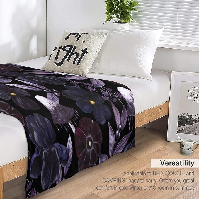 Gothic Floral Blanket, Vintage Abstract Black Purple Peony Flowers Mushroom - Image 5