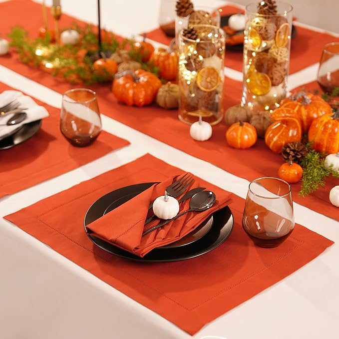 Home Ekaa Pumpkin Table Runner 120 Inch–Cotton Linen Hemstitch Farmhouse Table - Image 3