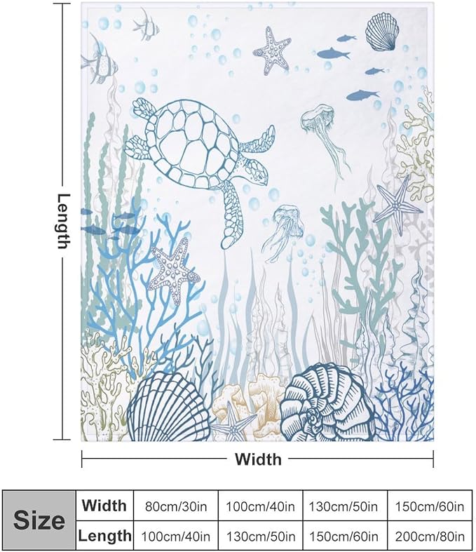 Nautical Turtle Throw Blanket, Coastal Sea Ocean Theme Coral Starfish Seashell - Image 2