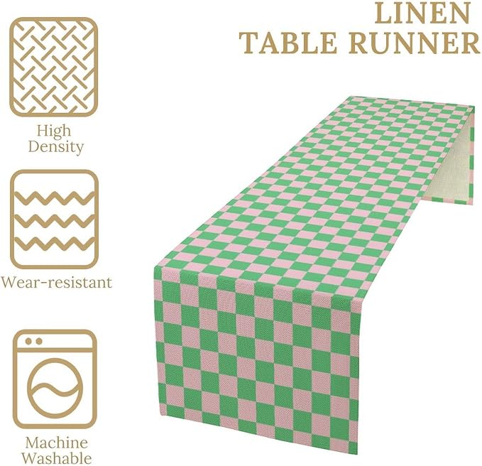 Retro Checkered Table Runner, Cute Pink Green Checkerboard Vintage Hippie - Image 6