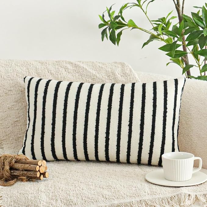 Jonhier White Striped Lumbar Boho Throw Pillow Cover, Modern Boucle Textured - Image 3