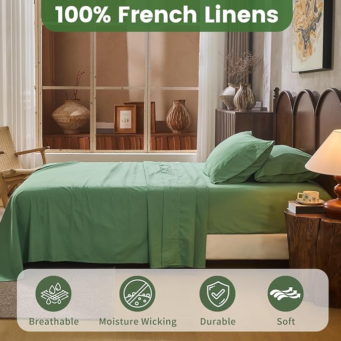 100% Linen Sheets King Size, Breathable & Durable 4-Piece Bed Flax Sheet Set - Image 2