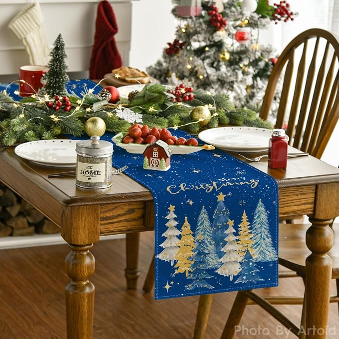 Artoid Mode Xmas Trees Merry Christmas Table Runner, Seasonal Winter Blue - Image 2