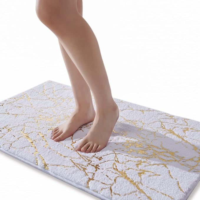QJHOMO Marble Bathroom Rug White and Gold Decor Bathroom Rugs Non Slip Bath Mat by QJHOMO