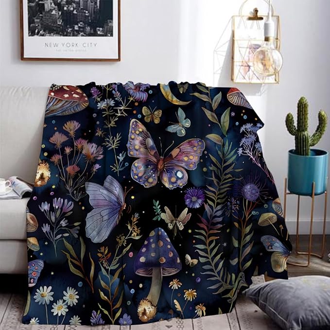 Celestial Witch Garden Throw Blankets Butterfly Moon Flower Fleece Throw Blanket - Image 3
